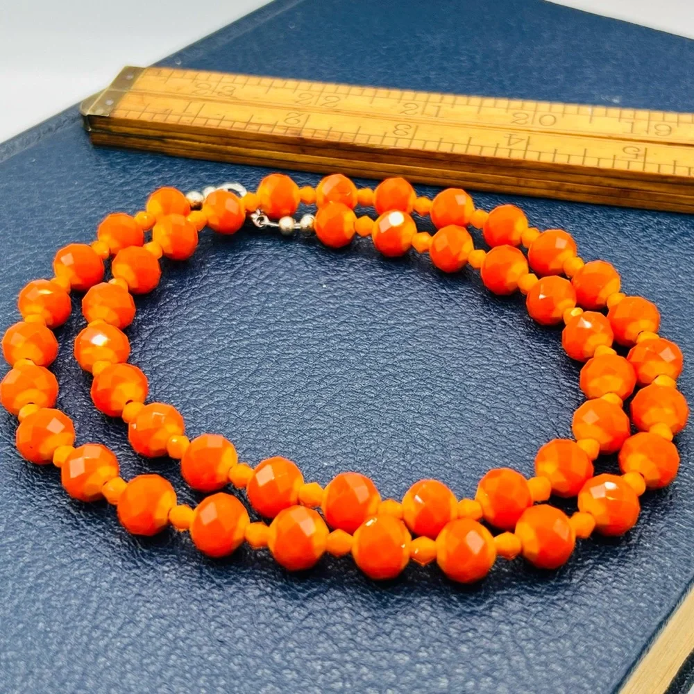Vibrant 2-tone orange crystal bead necklace artisan 28”